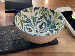 Bol - Fleur bleu et vert extérieur blanc