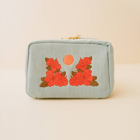 Pochette - Corduroy fleurs rouge fond bleu