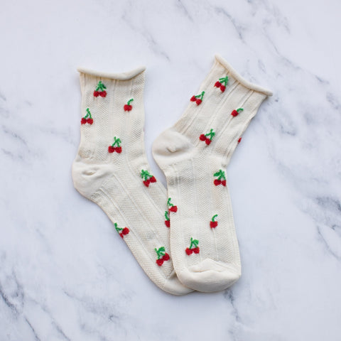 Bas - Vintage cherry socks oatmeal KRSK439