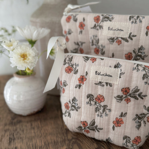 Petit sac à cosmétiques - Matelassé fleurs orangées