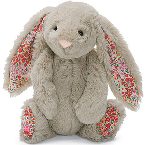 Peluche - Lapin beige oreilles fleuries rouge et rose